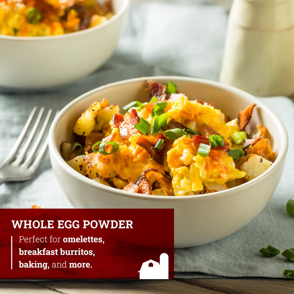 Hoosier Hill Farm egg powder shown in camping setup as shelf-stable breakfast.