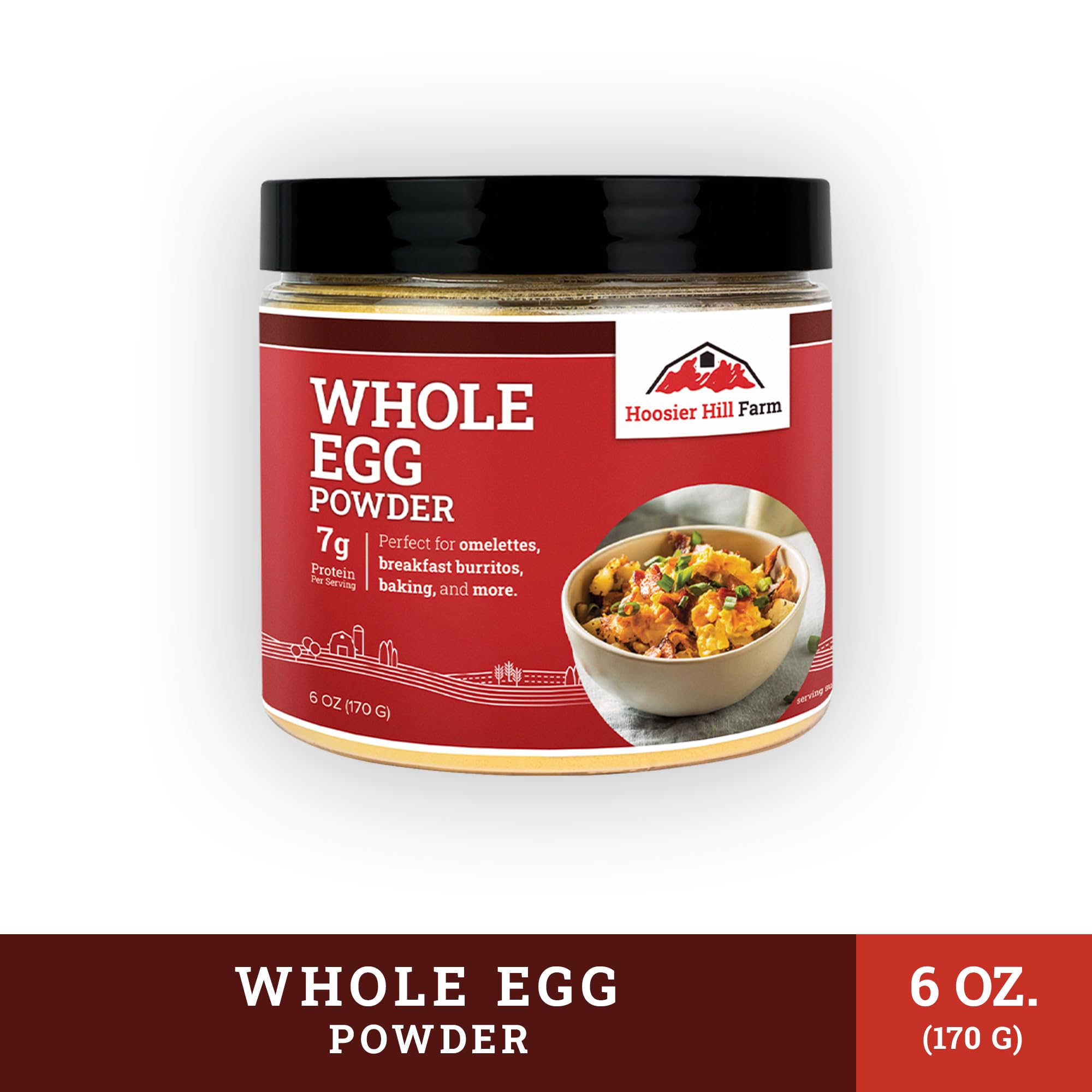 Hoosier Hill Farm egg powder stored in pantry-ready packaging.