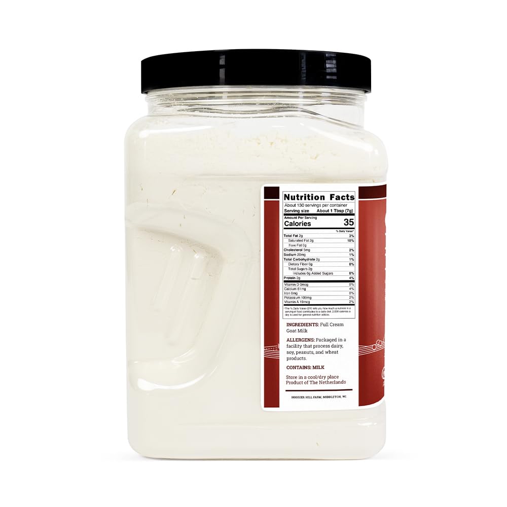 Hoosier Hill Farm full-cream goat milk powder close-up highlighting creamy texture.