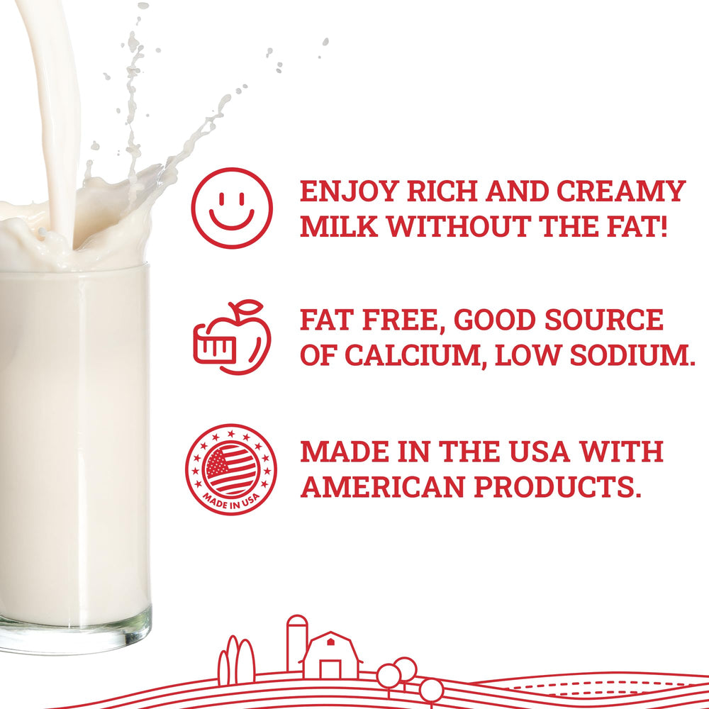 Glass of milk made with Hoosier Hill Farm powder, showcasing fresh, pleasant dairy flavor.
