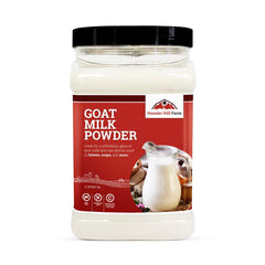 Hoosier Hill Farm goat milk powder canister shown on a kitchen counter, a convenient daily option.