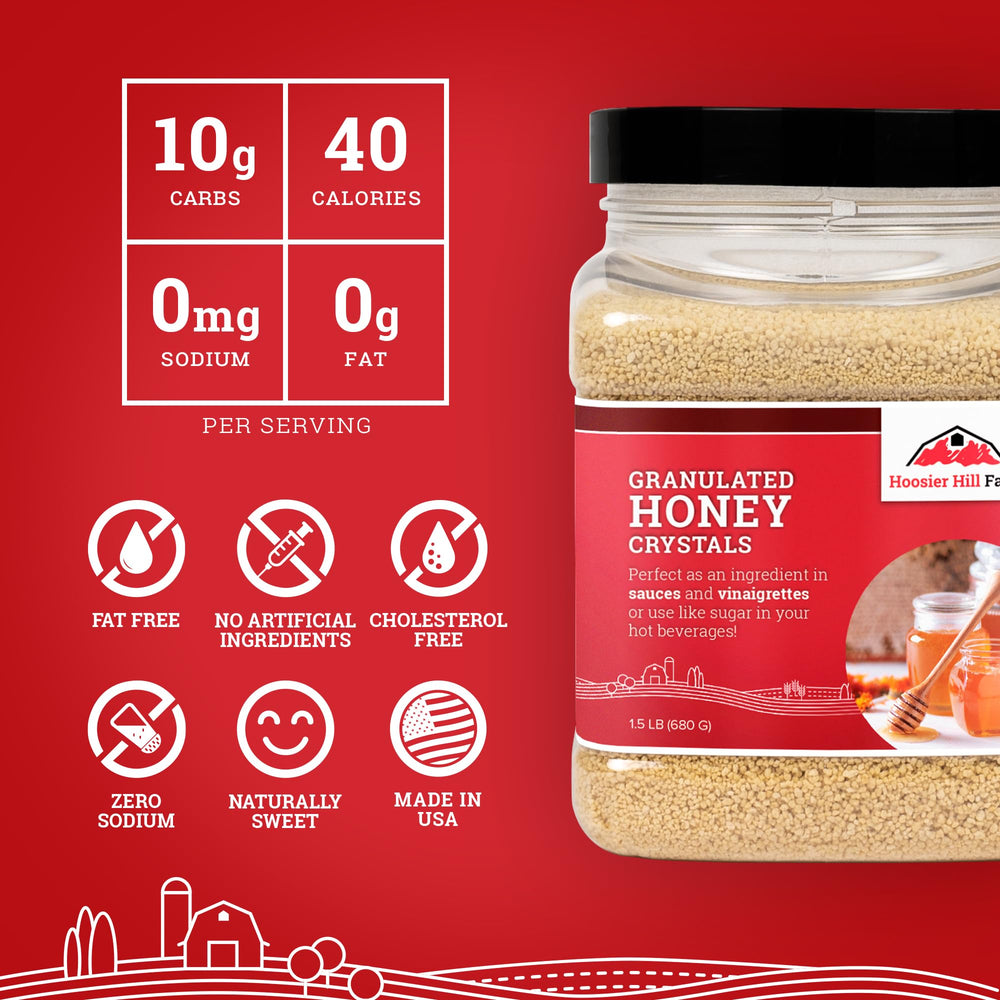 Hoosier Hill Farm granulated honey crystals used in baking and candy making.