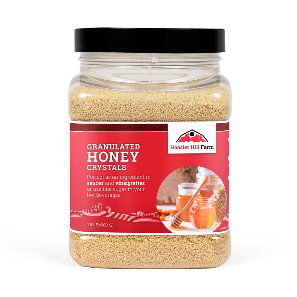 Hoosier Hill Farm granulated honey crystals in a 1.5 lb pack for pantry versatility.