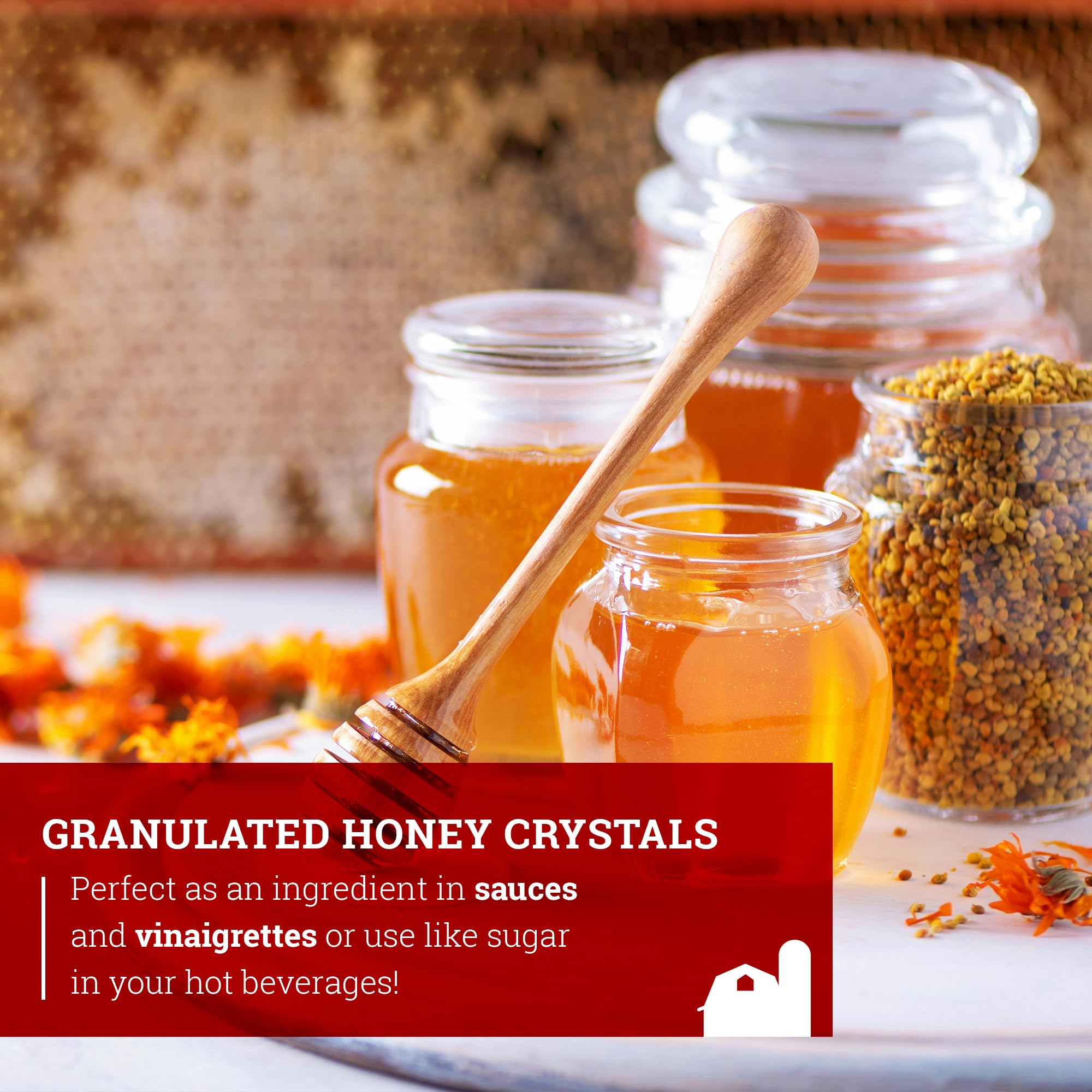 Hoosier Hill Farm granulated honey crystals stored in a cool, dry place.