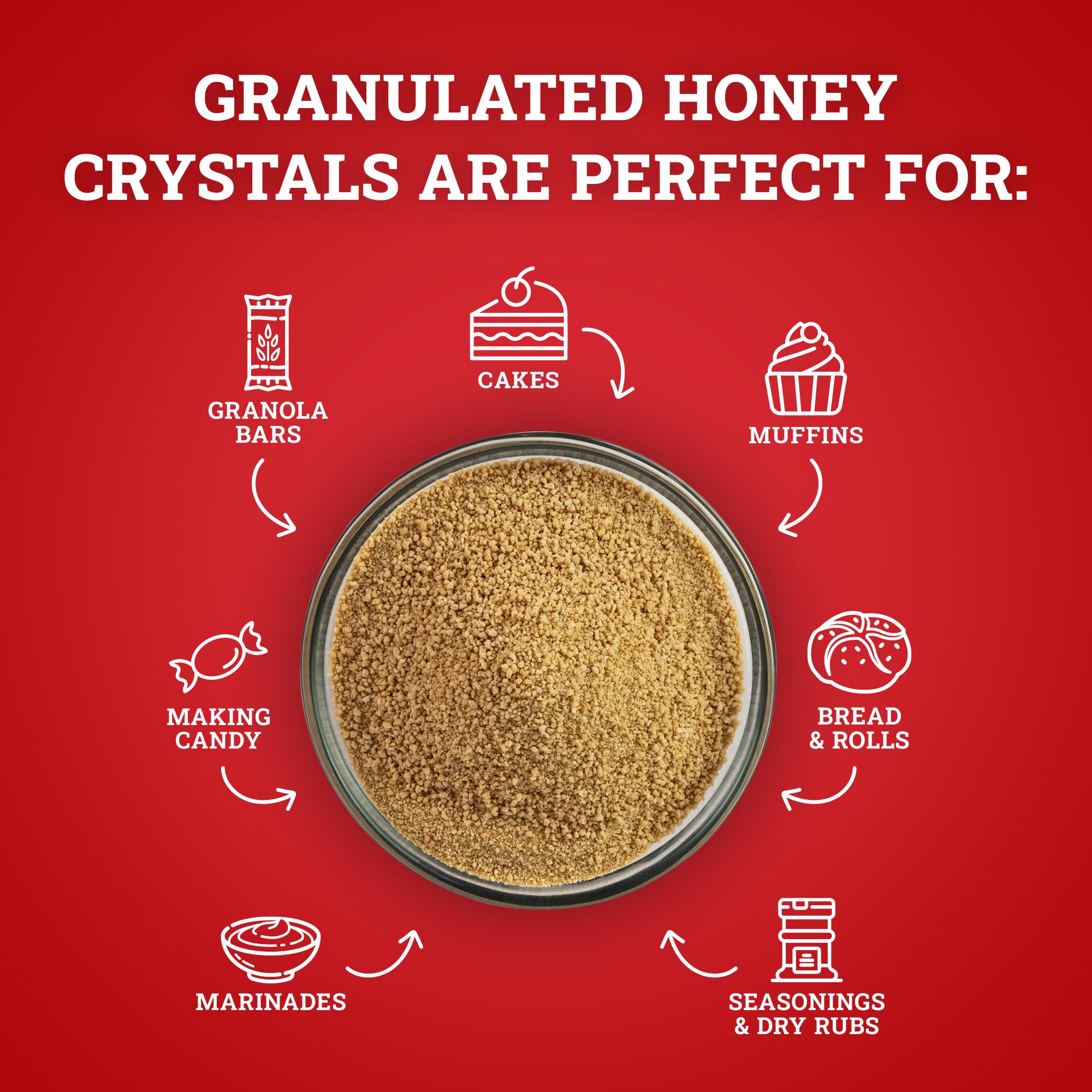 Hoosier Hill Farm granulated honey crystals, USA-made honey product.
