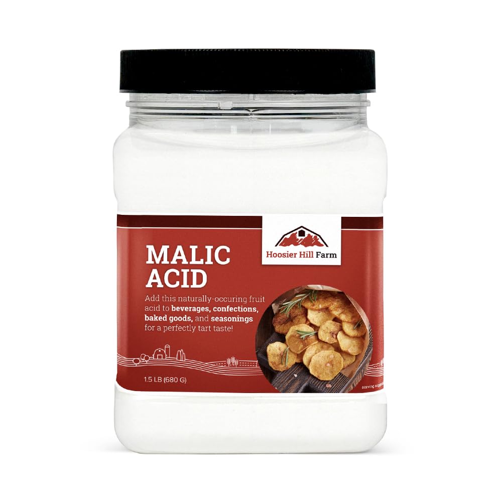 Hoosier Hill Farm Malic Acid powder jar front, ideal souring agent for candies and snacks.