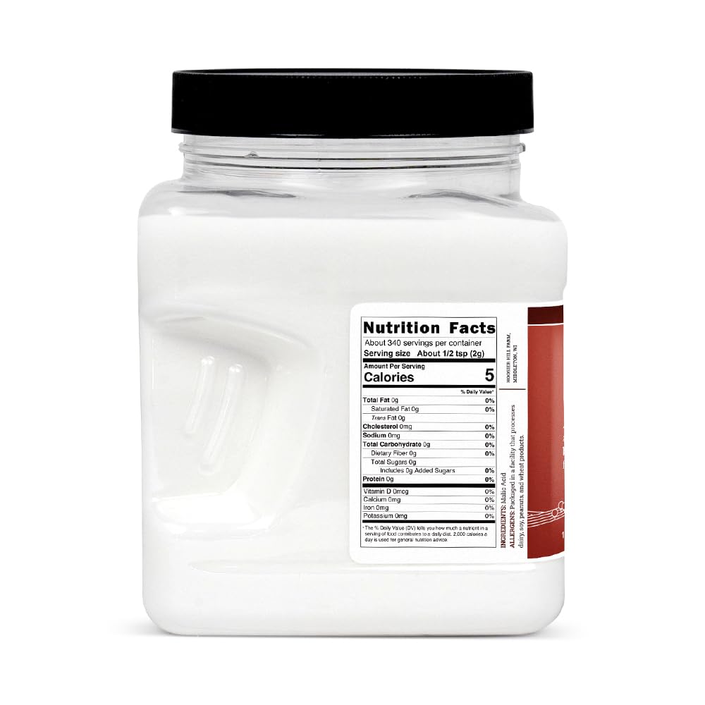 Hoosier Hill Farm Malic Acid powder label shows USA origin for quality sourcing.