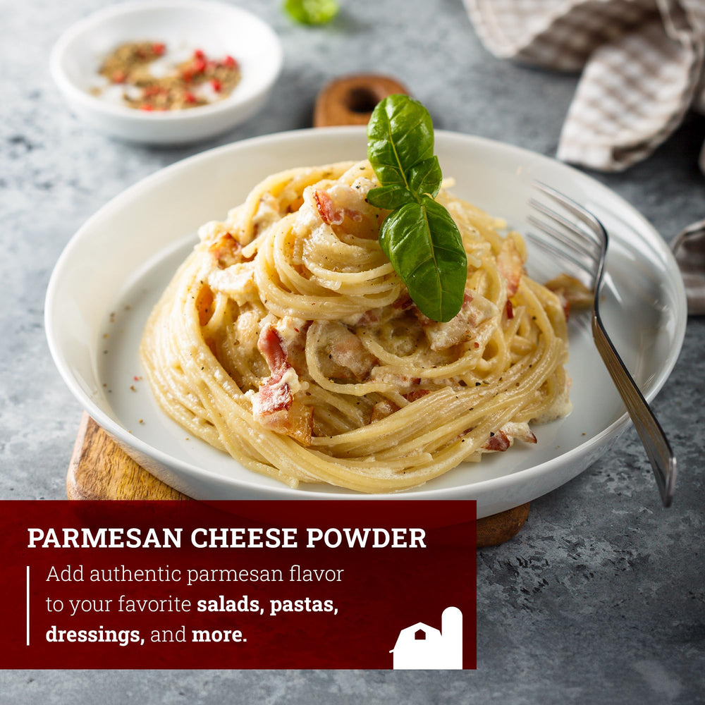 Parmesan powder sprinkled over pasta for quick Italian finish