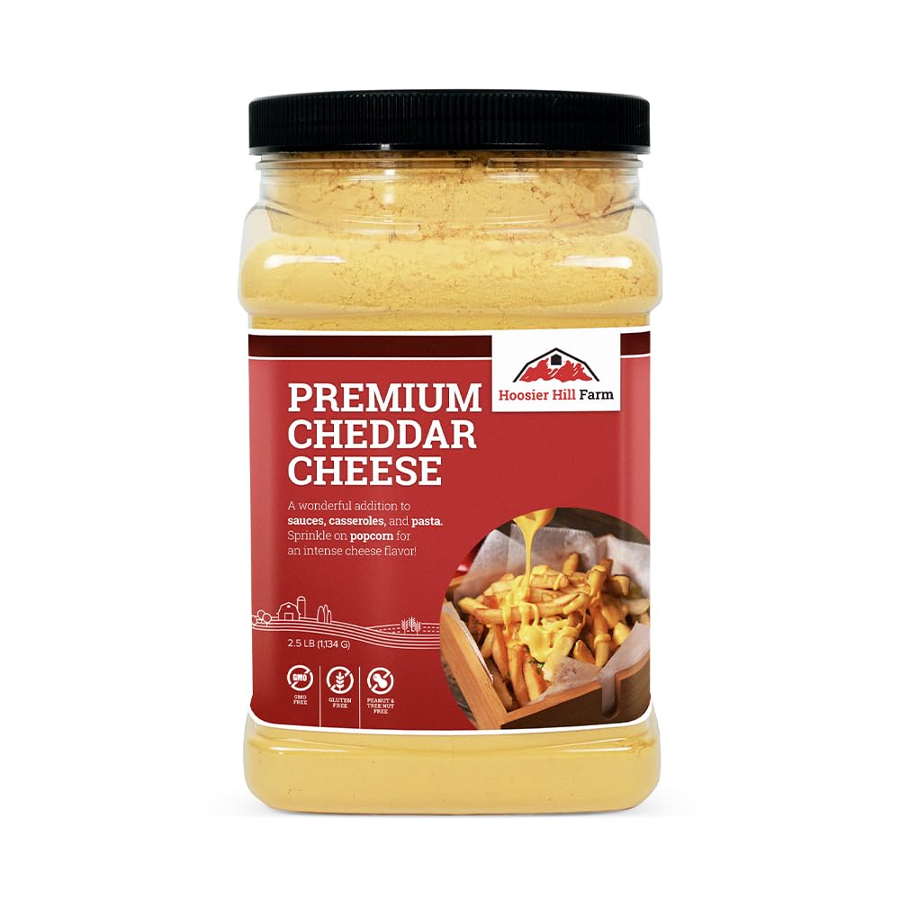 Hoosier Hill Farm Premium Cheddar Cheese Powder in a jar ready to sprinkle for flavor