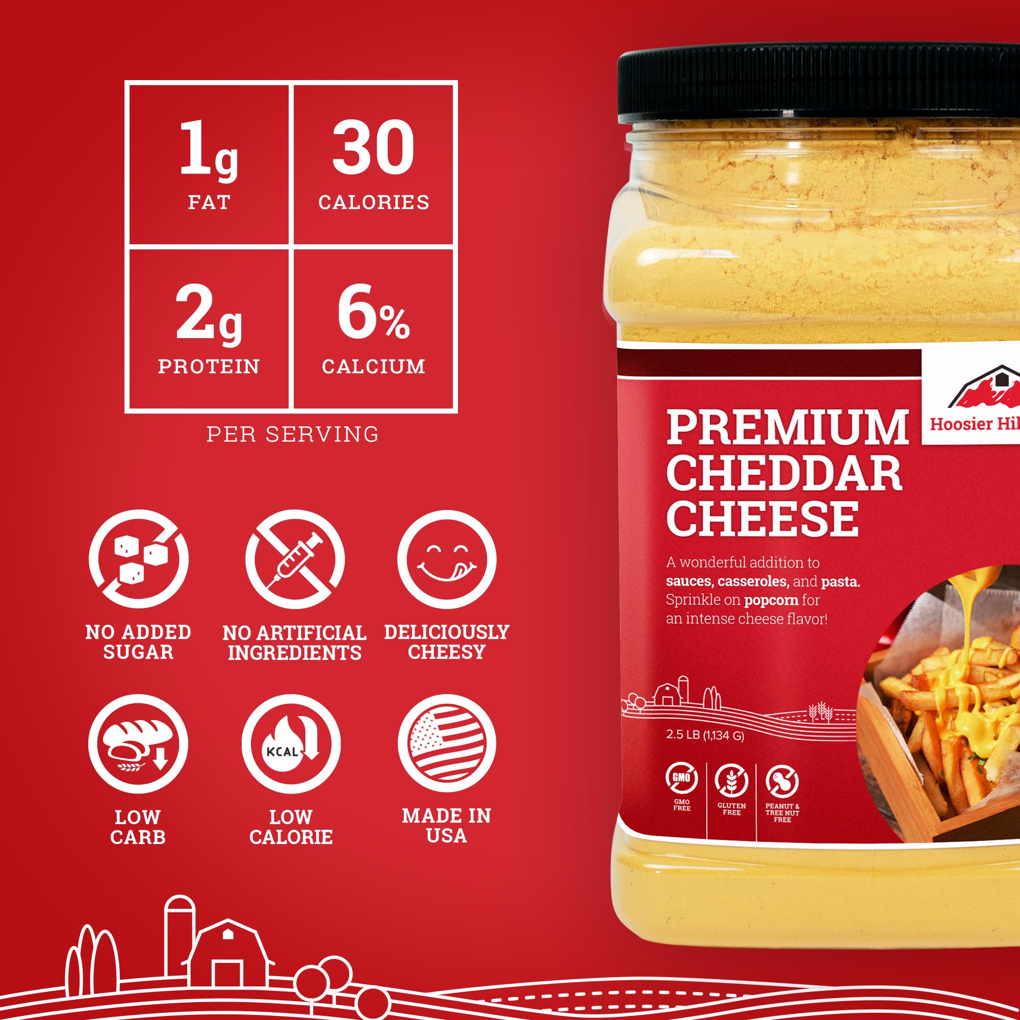 Hoosier Hill Farm cheddar powder used in sauces and macaroni for creamy texture