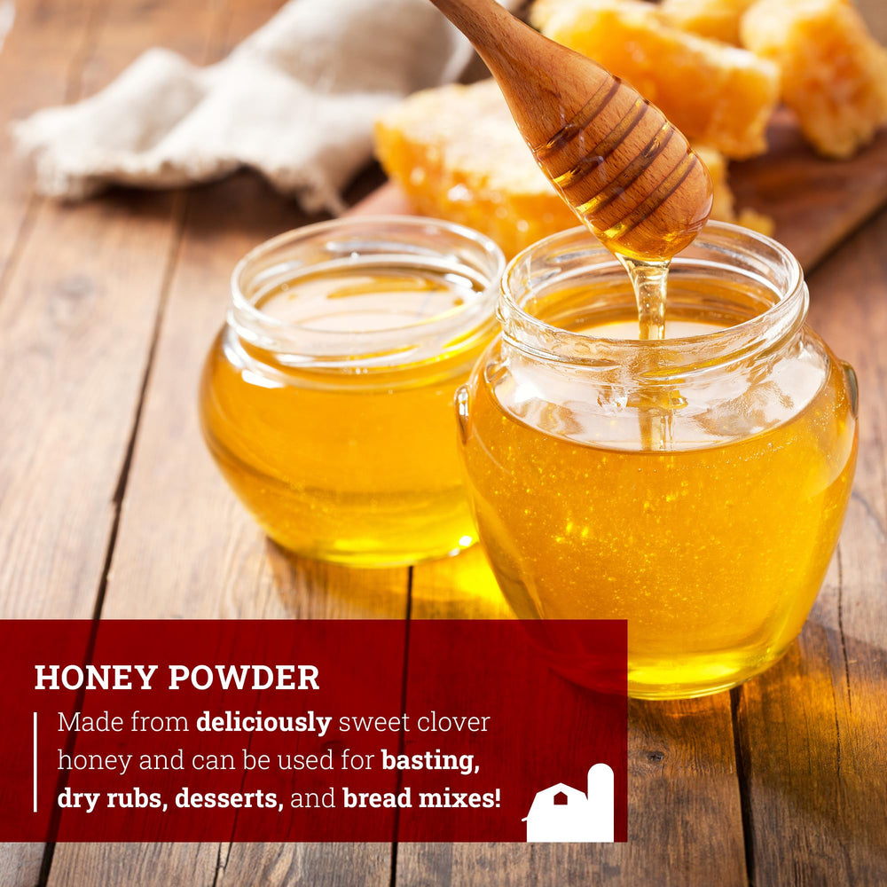 Hoosier Hill Farm Premium Honey Powder packaging with USA-made claim
