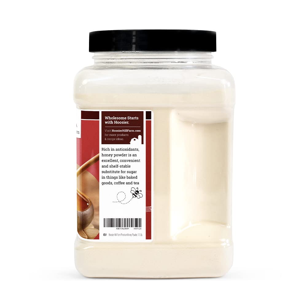 Hoosier Hill Farm Premium Honey Powder label highlights clover honey origin