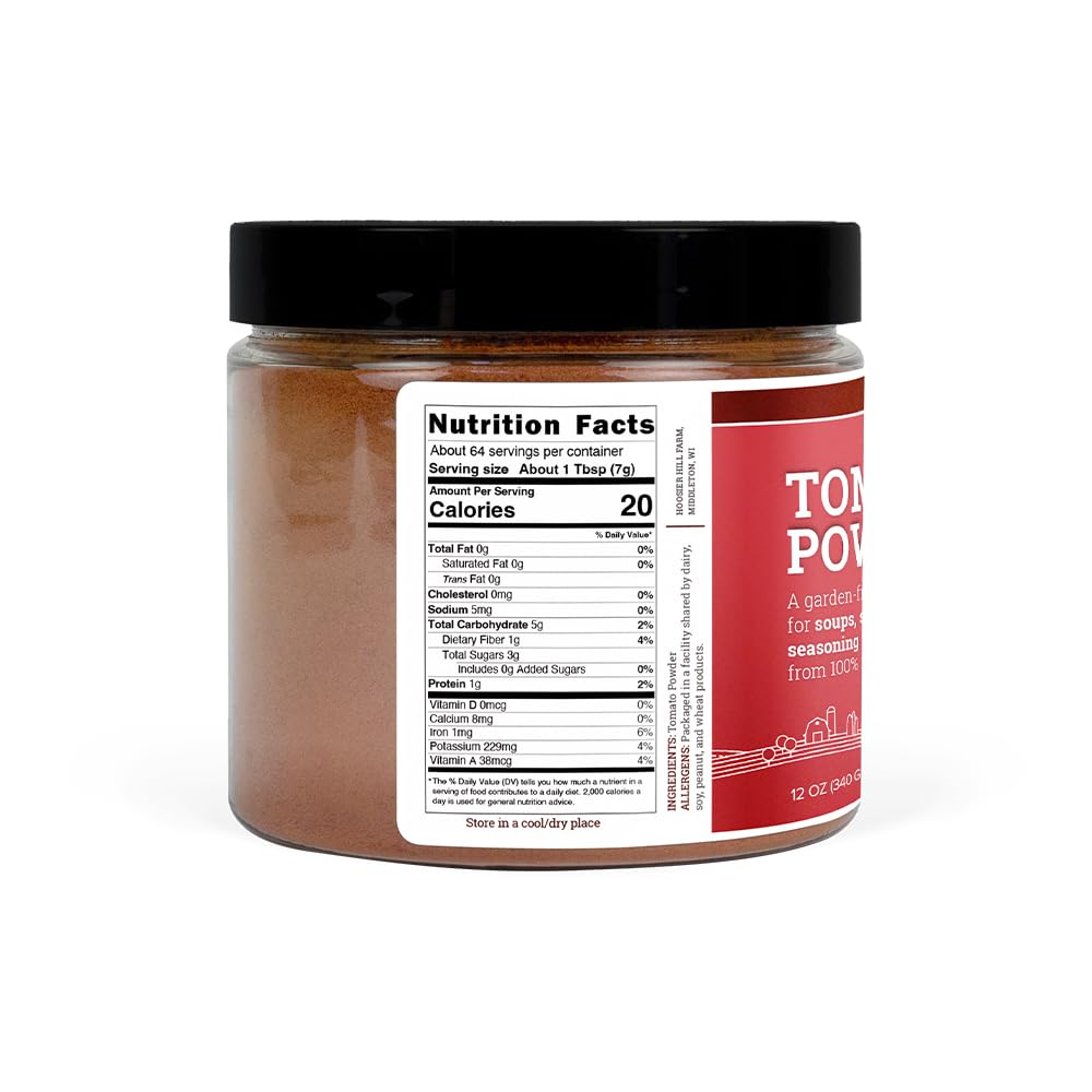 Hoosier Hill Farm Tomato Powder jar sideview highlights convenient 12oz packaging for steady flavor.