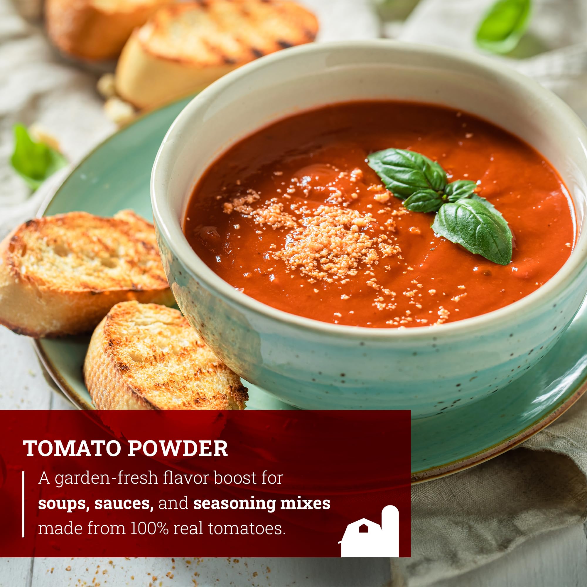 Hoosier Hill Farm Tomato Powder container on kitchen counter for quick seasoning.