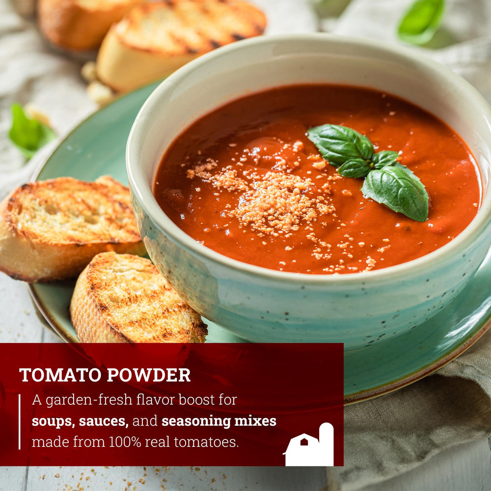 Hoosier Hill Farm Tomato Powder container on kitchen counter for quick seasoning.