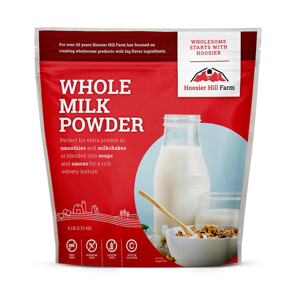 Hoosier Hill Farm Whole Milk Powder packaging in a 6 lb tub for pantry storage