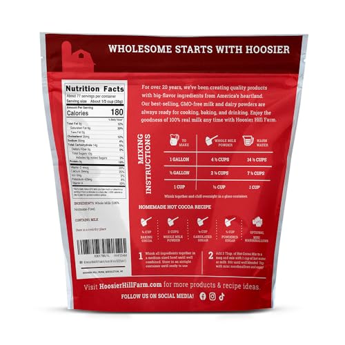 Hoosier Hill Farm milk powder nutrition label highlights protein and nutrients