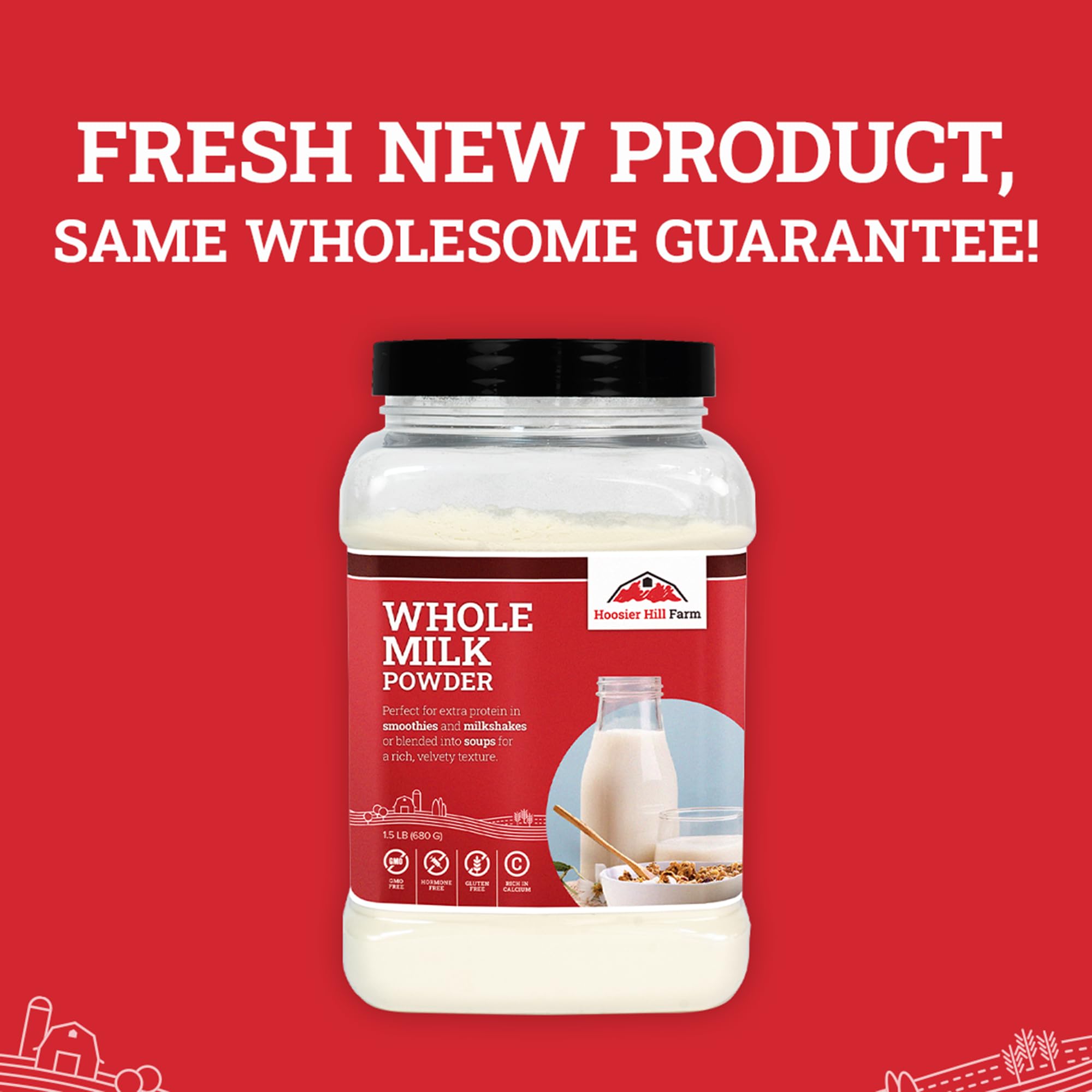 Secure packaging preserves freshness in cool, dry storage for Hoosier Hill Farm powder.