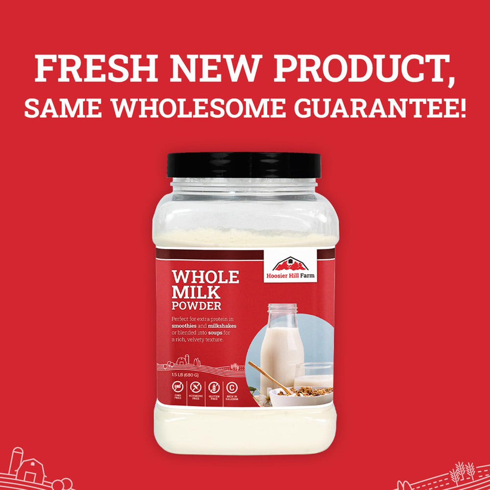 Secure packaging preserves freshness in cool, dry storage for Hoosier Hill Farm powder.