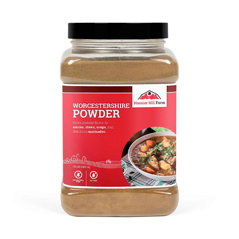 Hoosier Hill Farm Worcestershire Powder bottle for versatile flavor enhancement in sauces.
