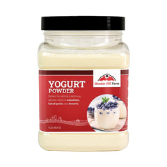 Hoosier Hill Farm yogurt powder packaging on pantry shelf for easy access.