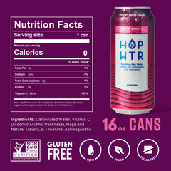 HOP WTR Black Cherry can close-up, zero calories and no sugar.