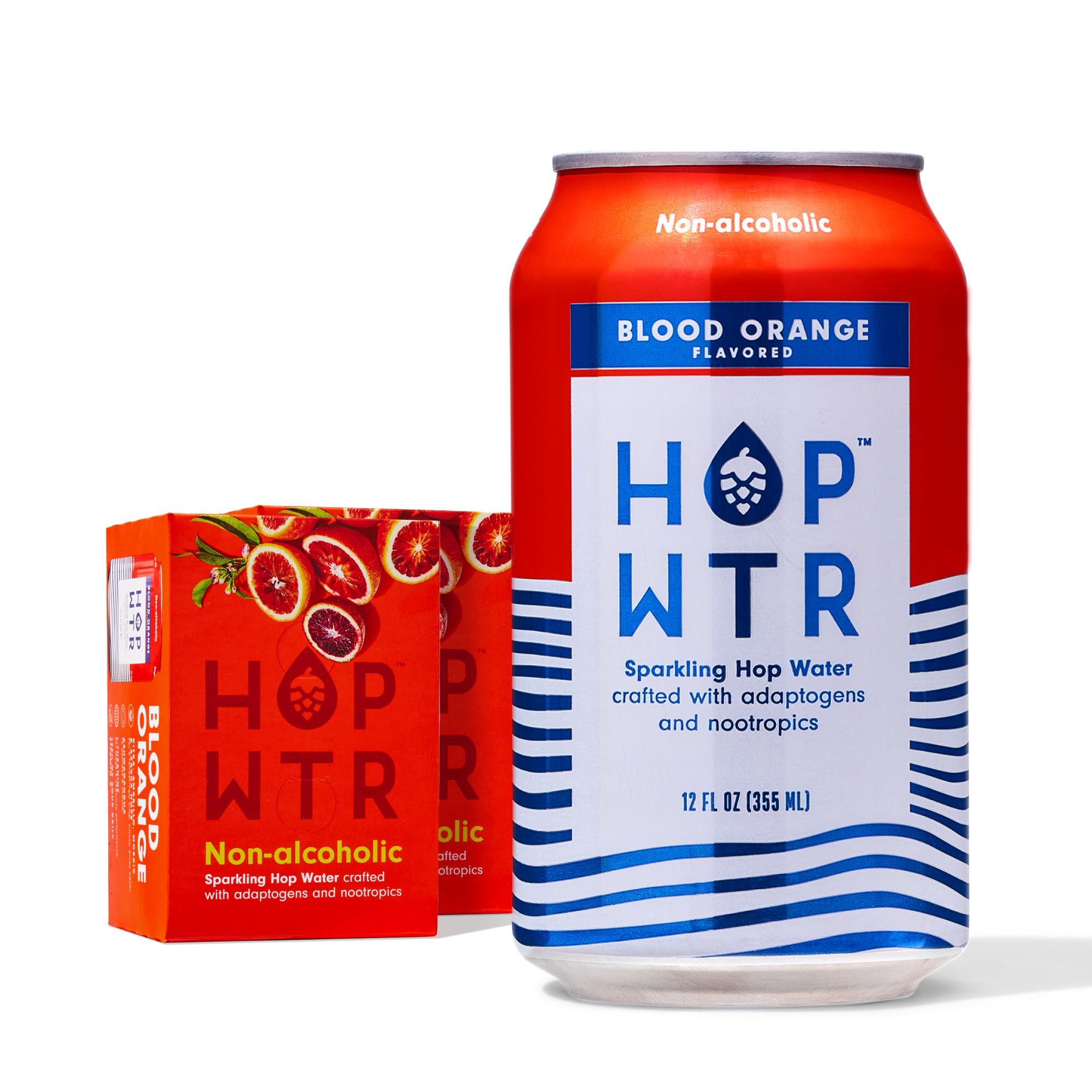 HOP WTR Blood Orange can on ice, a sugar-free post-workout refreshment.
