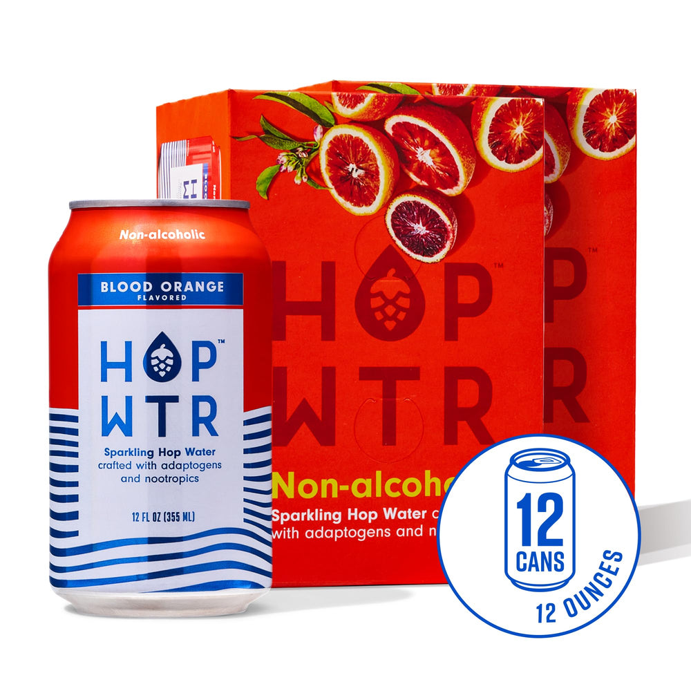Close-up of HOP WTR Blood Orange can, zero calories and gluten-free appeal.