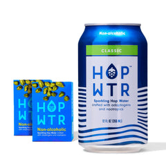 HOP WTR Classic 12-pack cans showing a refreshing, sugar-free option.