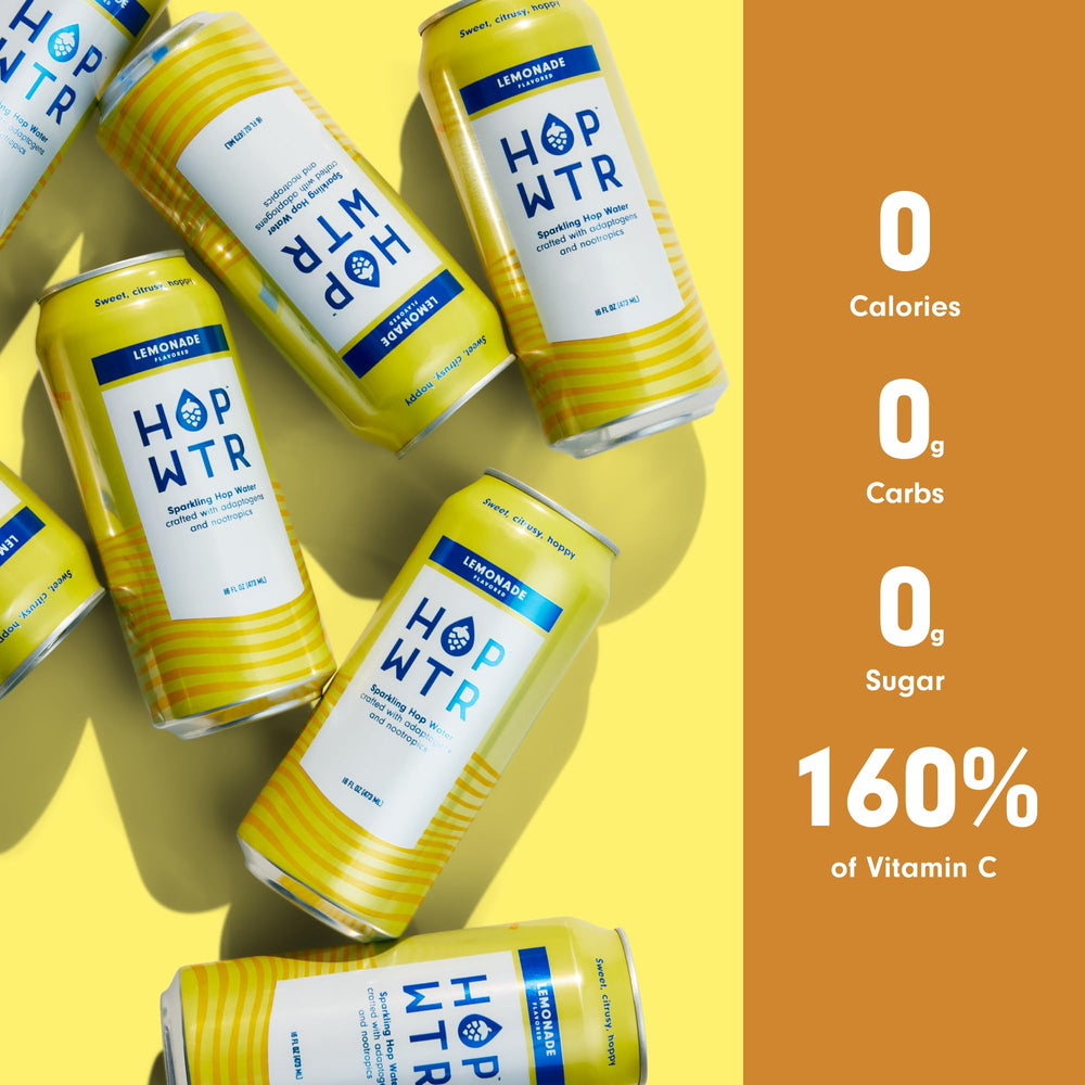 HOP WTR Lemonade cans in a 12-pack view emphasize hop-forward flavor.