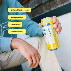 Close-up of HOP WTR Lemonade can emphasizes crisp aroma and zero sugar.