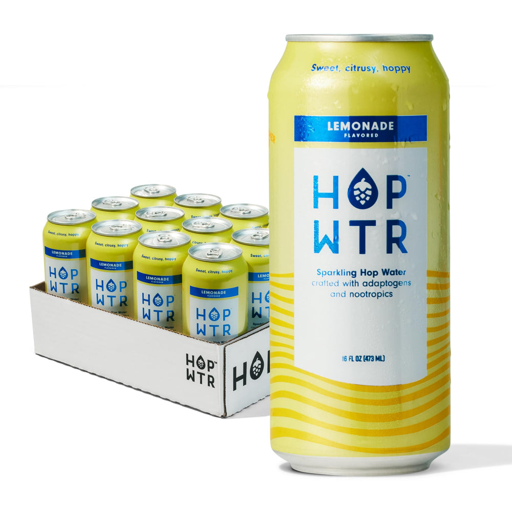 HOP WTR Lemonade sparkling can front view shows zero calories and refreshing sip.