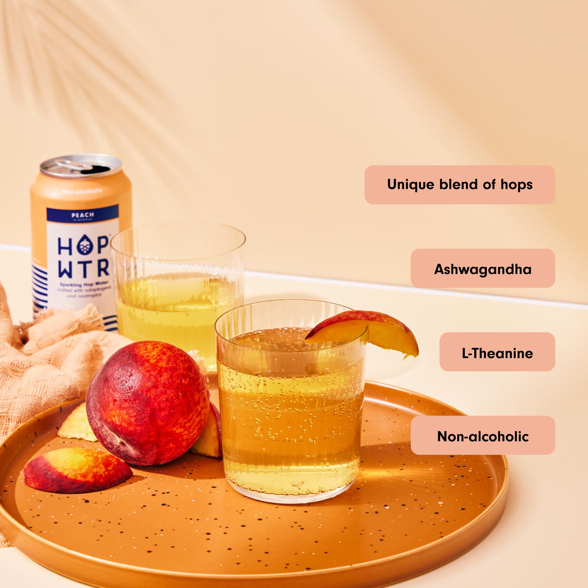 Close-up on HOP WTR Peach label, showcasing adaptogens and nootropics.