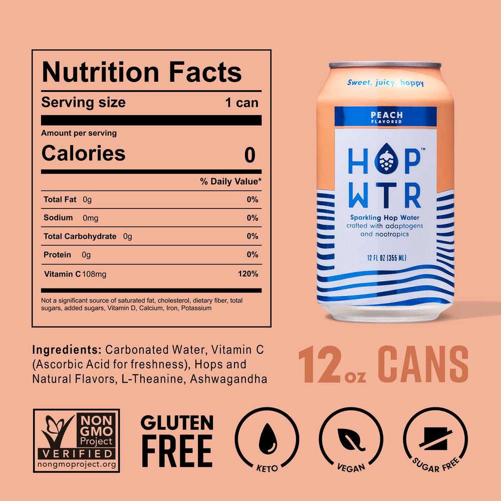 12-pack display of HOP WTR Peach cans, sugar-free and gluten-free.