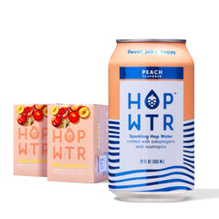 HOP WTR Peach can close-up, zero-calorie hop-forward refreshment.