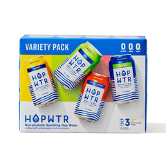 HOP WTR variety pack 12 oz cans showing zero calories and zero sugar.