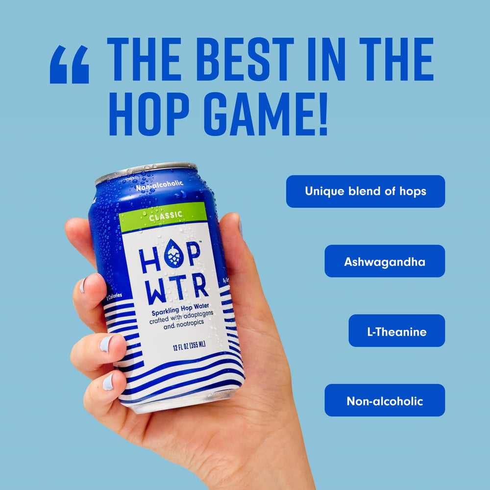 HOP WTR zero-calorie, sugar-free sparkling water on a clean surface.