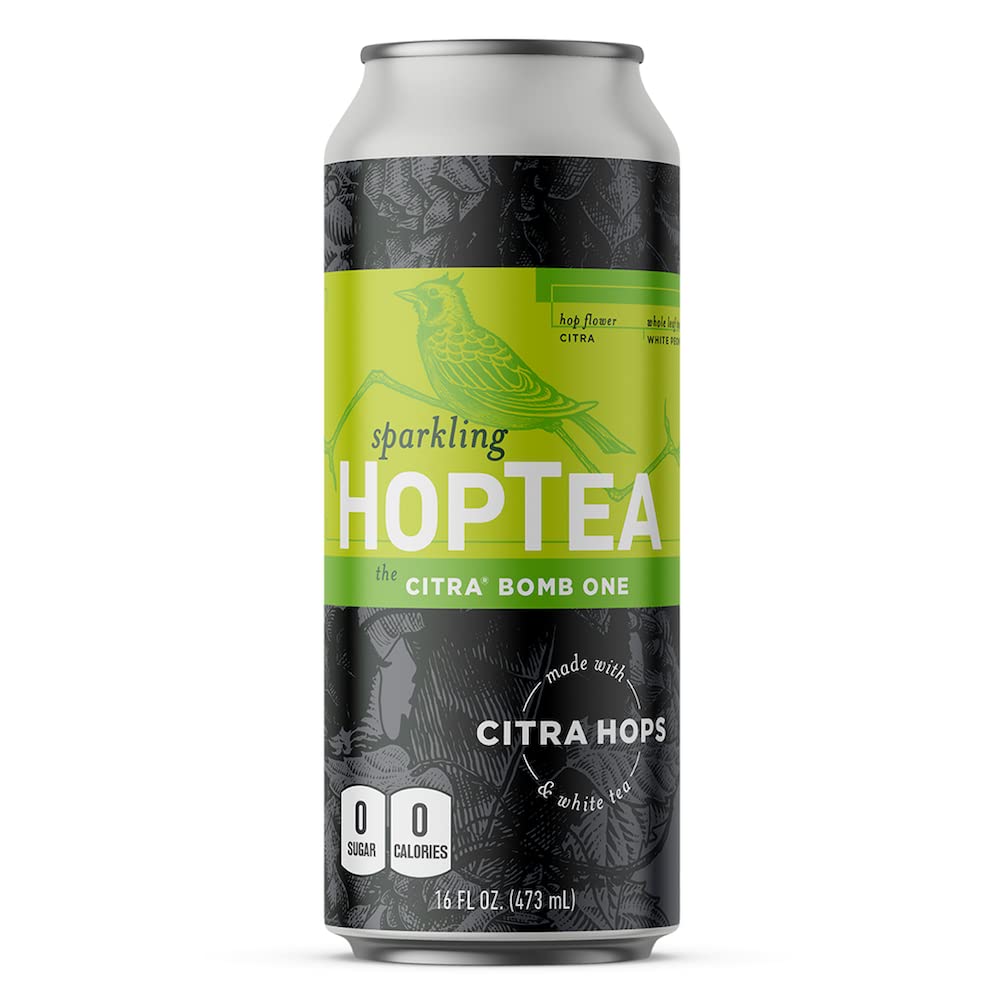 Hoplark Citra Bomb sparkling tea bottle on glass, gluten free and vegan.
