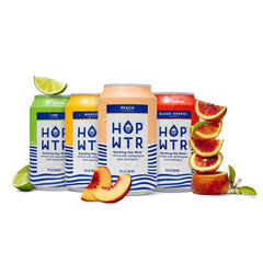 HOP WTR variety-pack cans show four flavors for a sugar-free, zero-calorie refreshment.