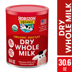 Pour-spout Horizon Organic Instant Dry Whole Milk Powder for quick mixing.