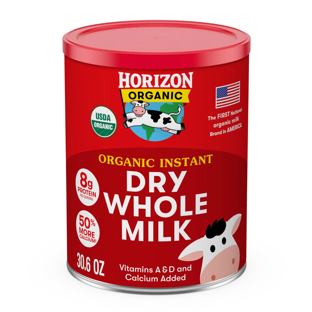 Horizon Organic Instant Dry Whole Milk Powder container ready for pantry storage.