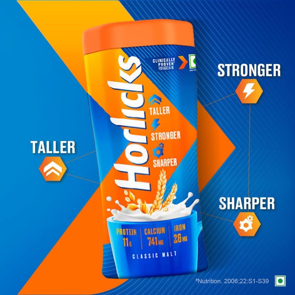 Close-up on Horlicks brand label highlighting its classic plain formula.