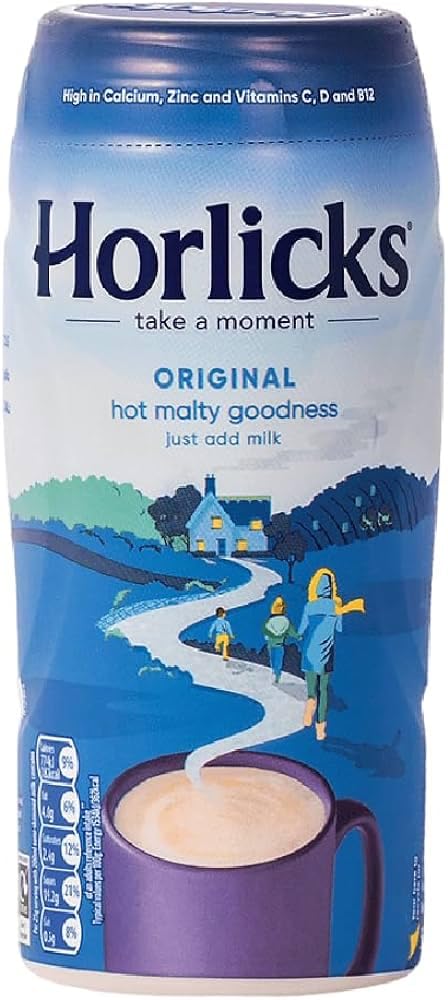 Horlicks malted milk powder bottle showing creamy malt flavor for a comforting drink