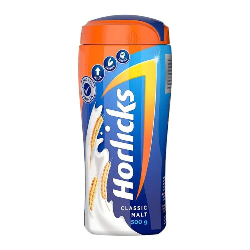 Horlicks Original Malt powder pack; convenient family-size container for daily use.