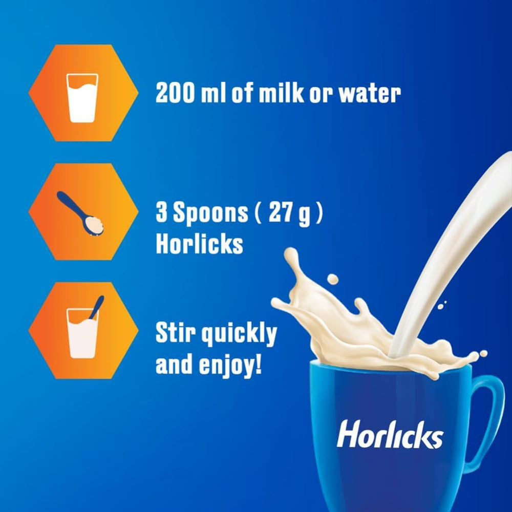 Scoop of Horlicks Original Malt powder ready to blend into a warm or cold drink.