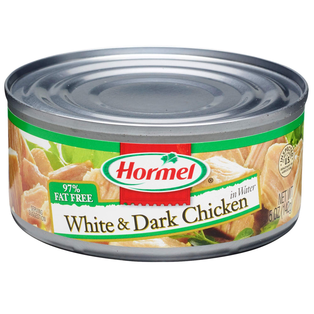 Hormel canned chicken white and dark chunks in a can, ready to add protein to meals.