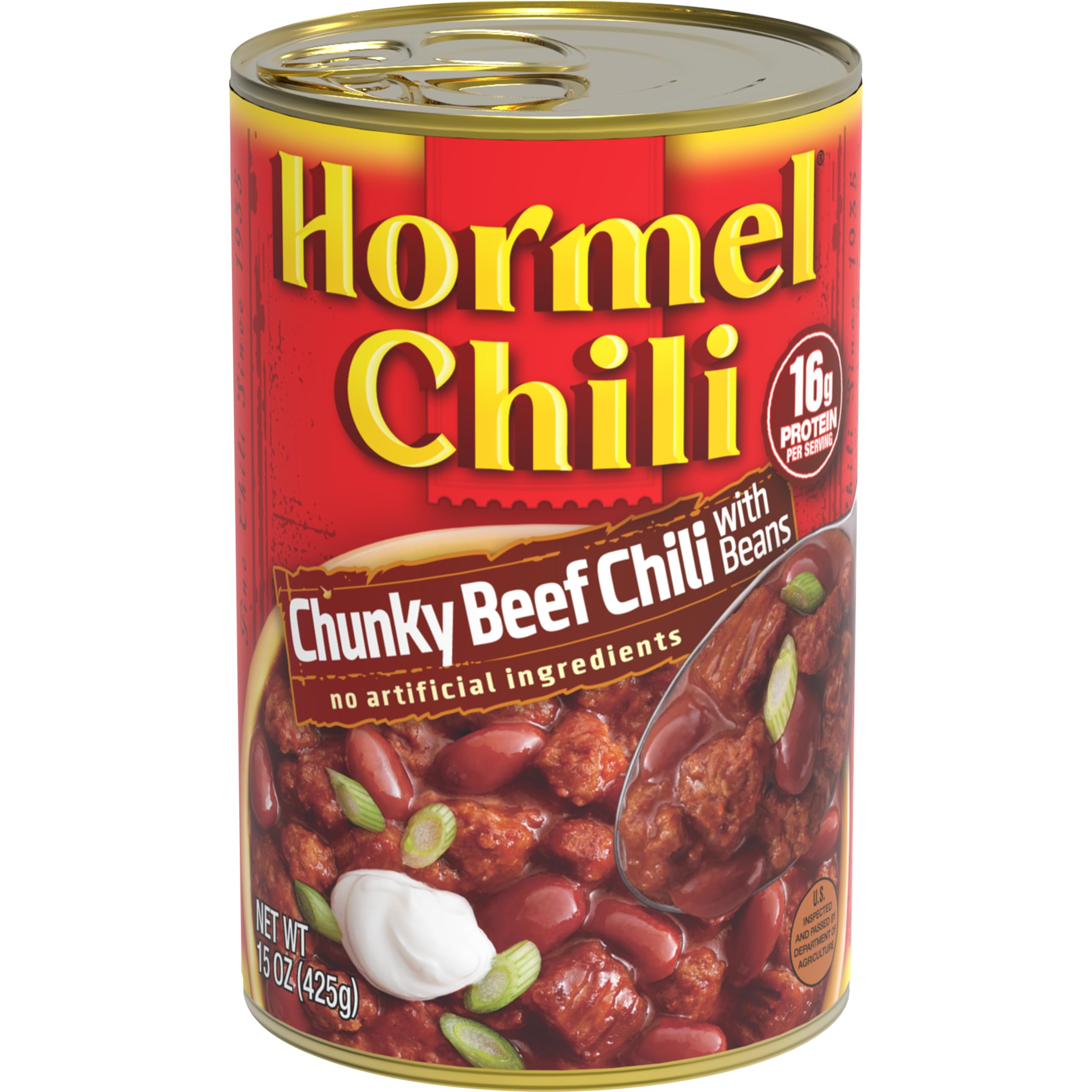 HORMEL Chili Chunky Beef Chili with Beans can-front shows convenient pull-top design for quick meals