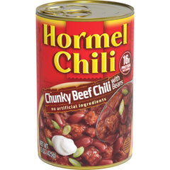 HORMEL Chili Chunky Beef Chili with Beans can-front shows convenient pull-top design for quick meals