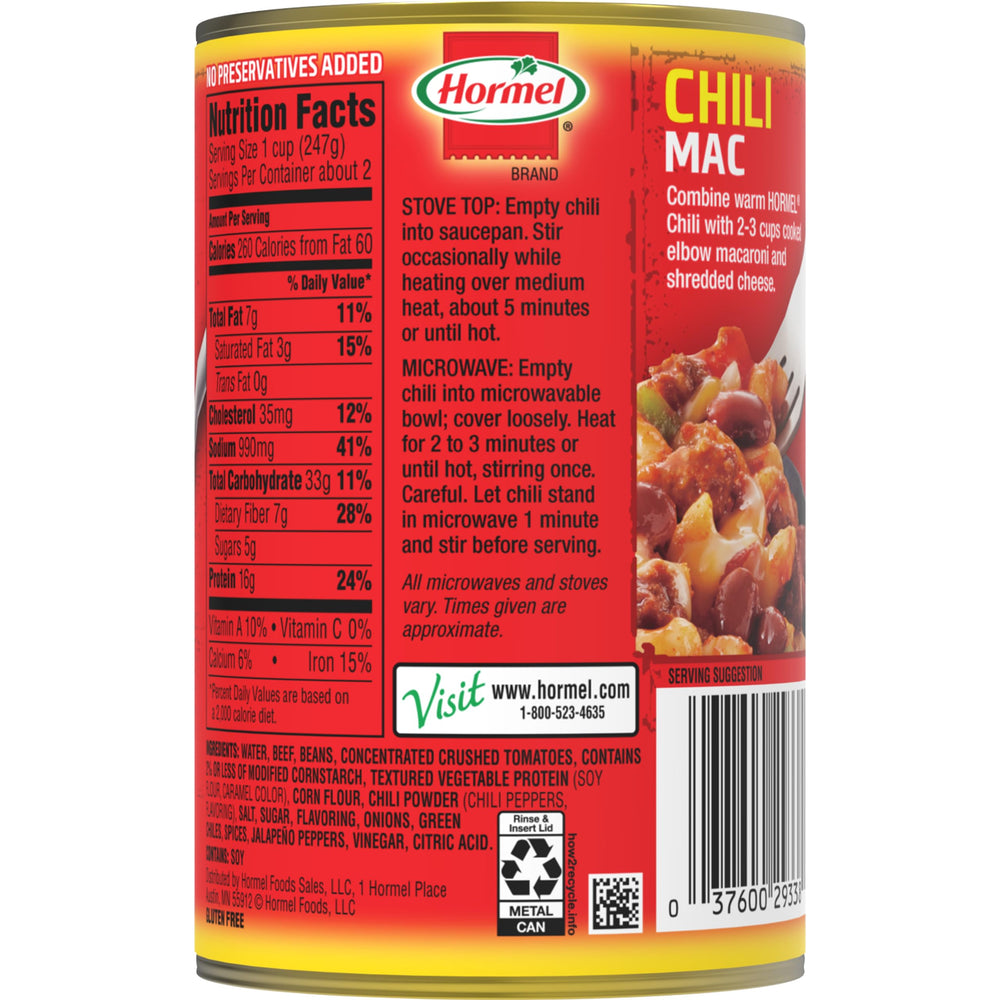 HORMEL Chili Chunky Beef Chili with Beans can-top view highlighting easy opening