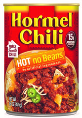 Hormel Chili Hot No Beans can closeup shows rich meat and peppers for a quick heat-and-serve meal